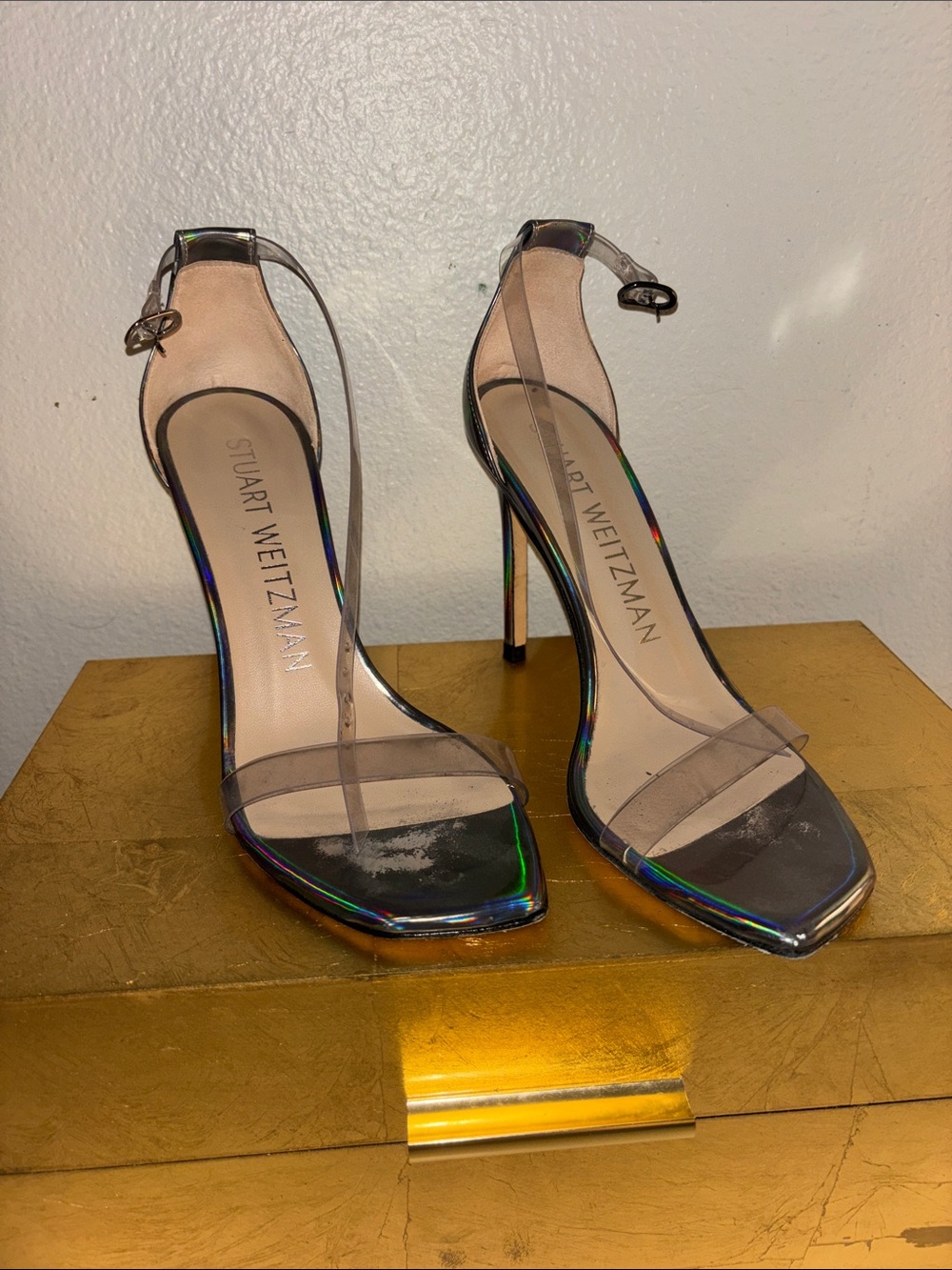 Stuart Weitzman Iridescent Black High Heel Sandals with Clear Straps